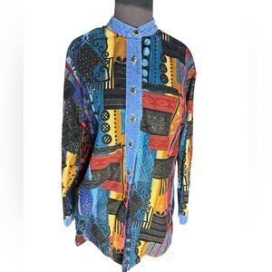 Vtg 90s Denim Corduroy Relaxed Tunic Top Womens Size M Funky Artsy Retro Western